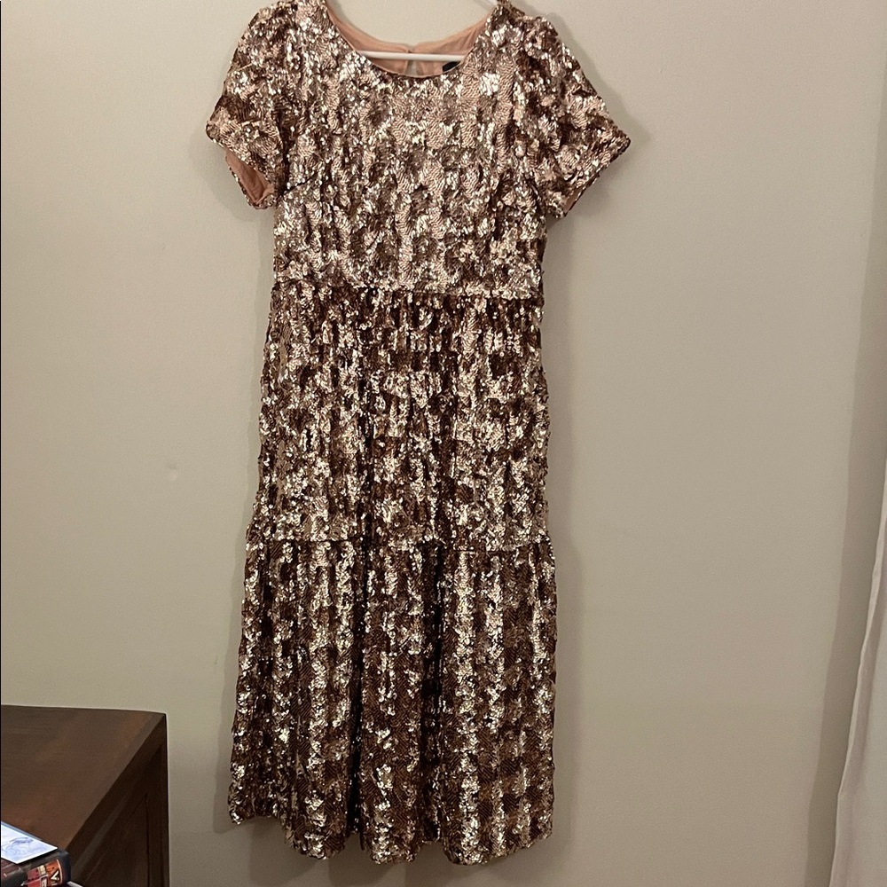 Maeve Sequin Midi Dress in Gold and Brown